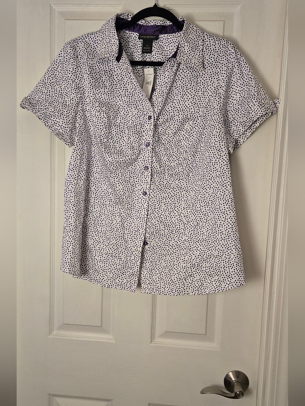 Lane Bryant Purple Polka Dot Short Sleeve Button-Up Top